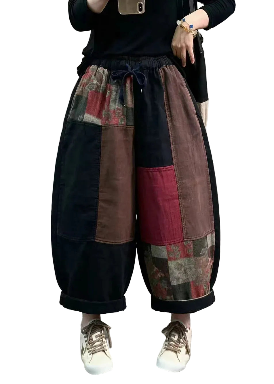 Dames casual crop broek patchwork stijl met elastische tailleband 0