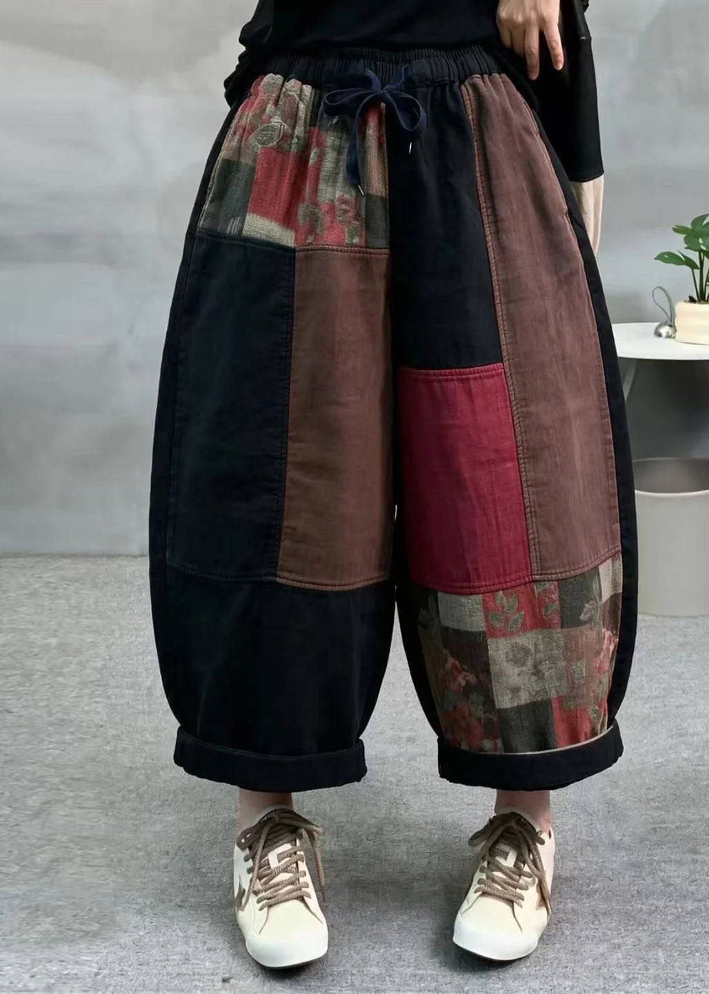 Dames casual crop broek patchwork stijl met elastische tailleband 2