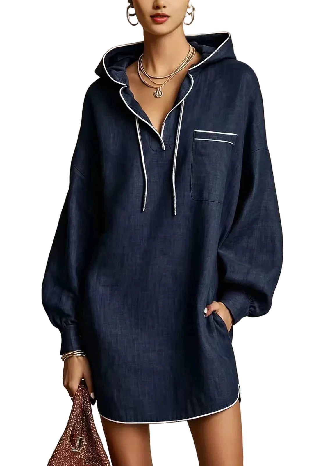 Dames dagjurk met capuchon en trekkoord casual stijl 0