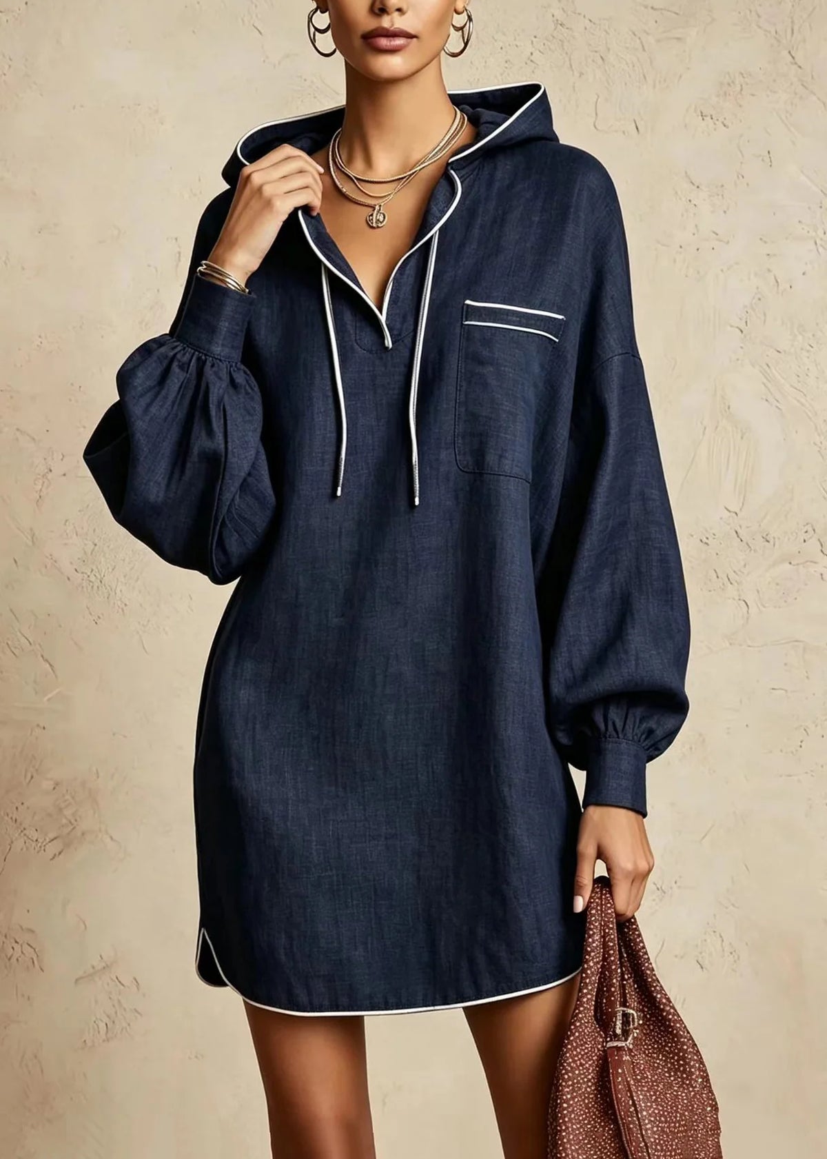 Dames dagjurk met capuchon en trekkoord casual stijl 1