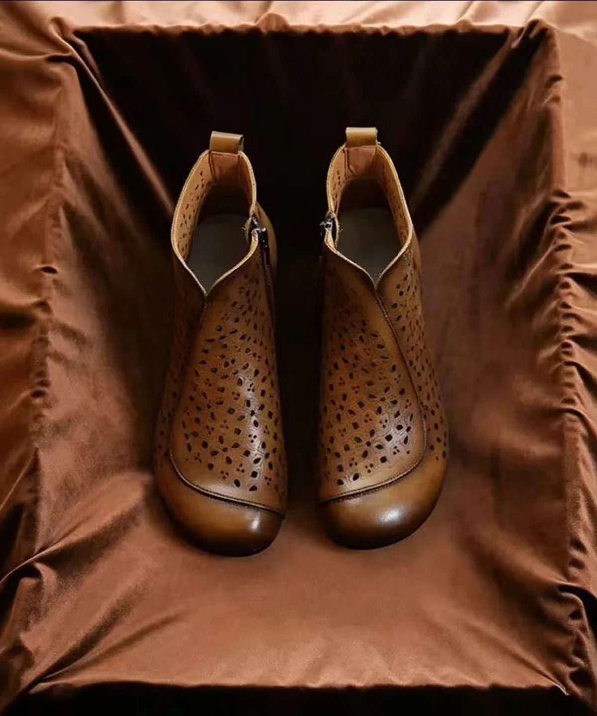 Dames enkellaarsjes vintage stijl met lage hak en ritssluiting 0