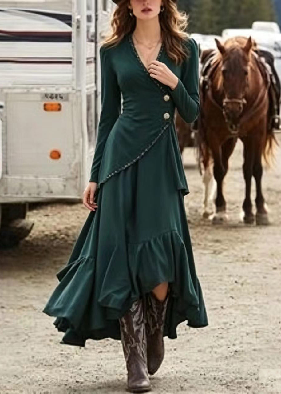 Dames feestjurk met asymmetrisch V-hals ontwerp en lange mouwen 1