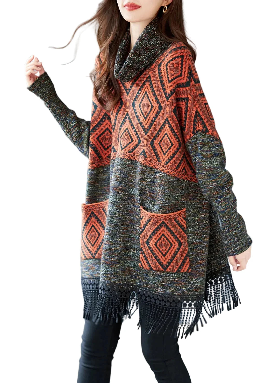 Dames gebreide coltrui jurk met kwastjesprint plus size herfststijl 0