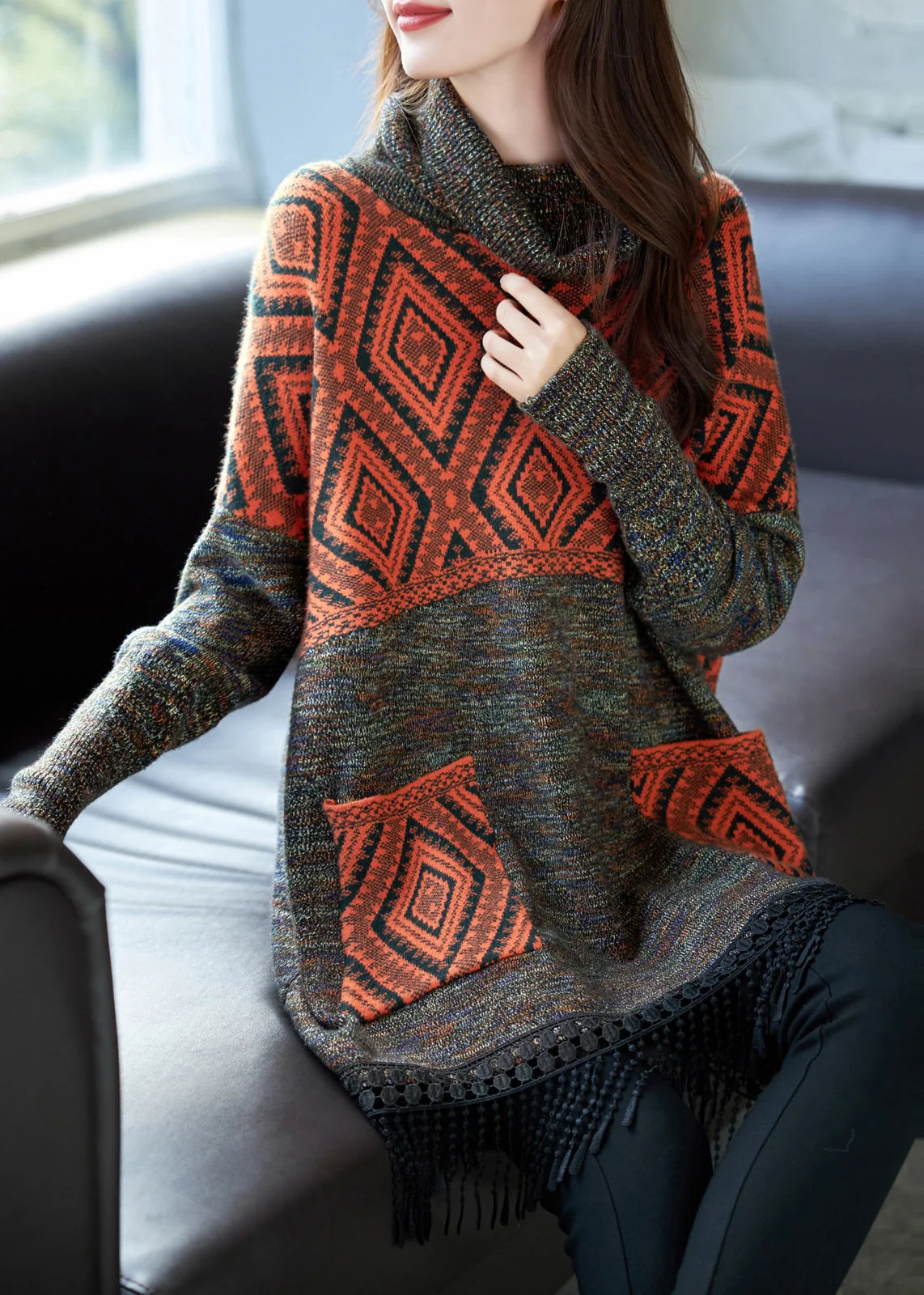 Dames gebreide coltrui jurk met kwastjesprint plus size herfststijl 2
