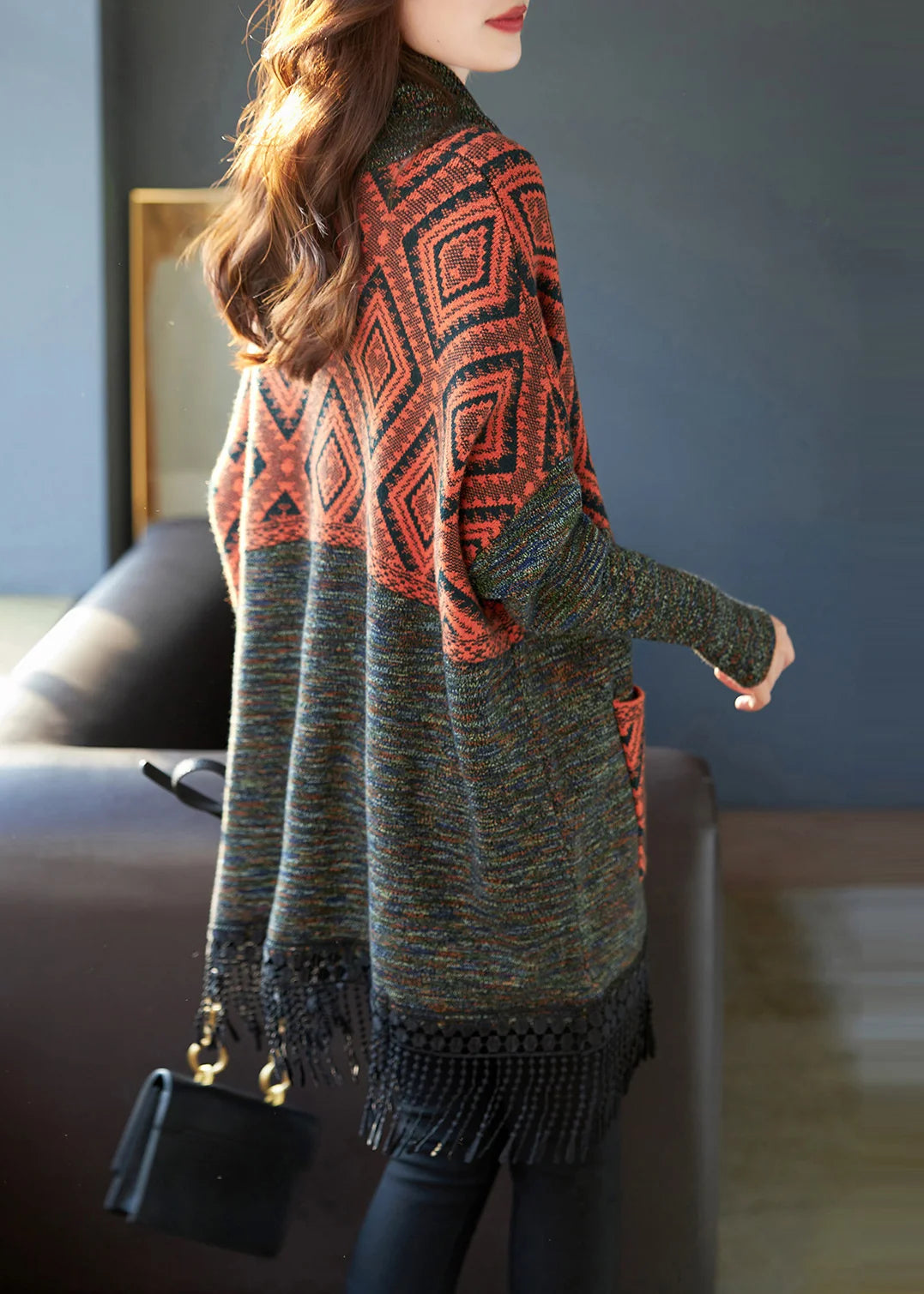 Dames gebreide coltrui jurk met kwastjesprint plus size herfststijl 3