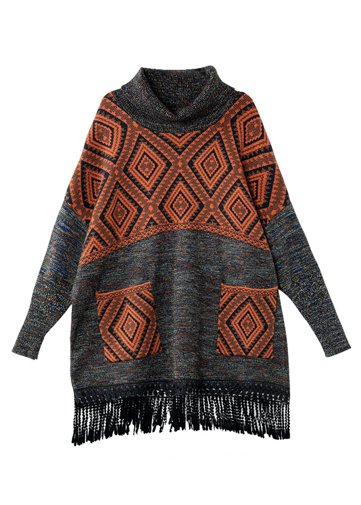 Dames gebreide coltrui jurk met kwastjesprint plus size herfststijl 4