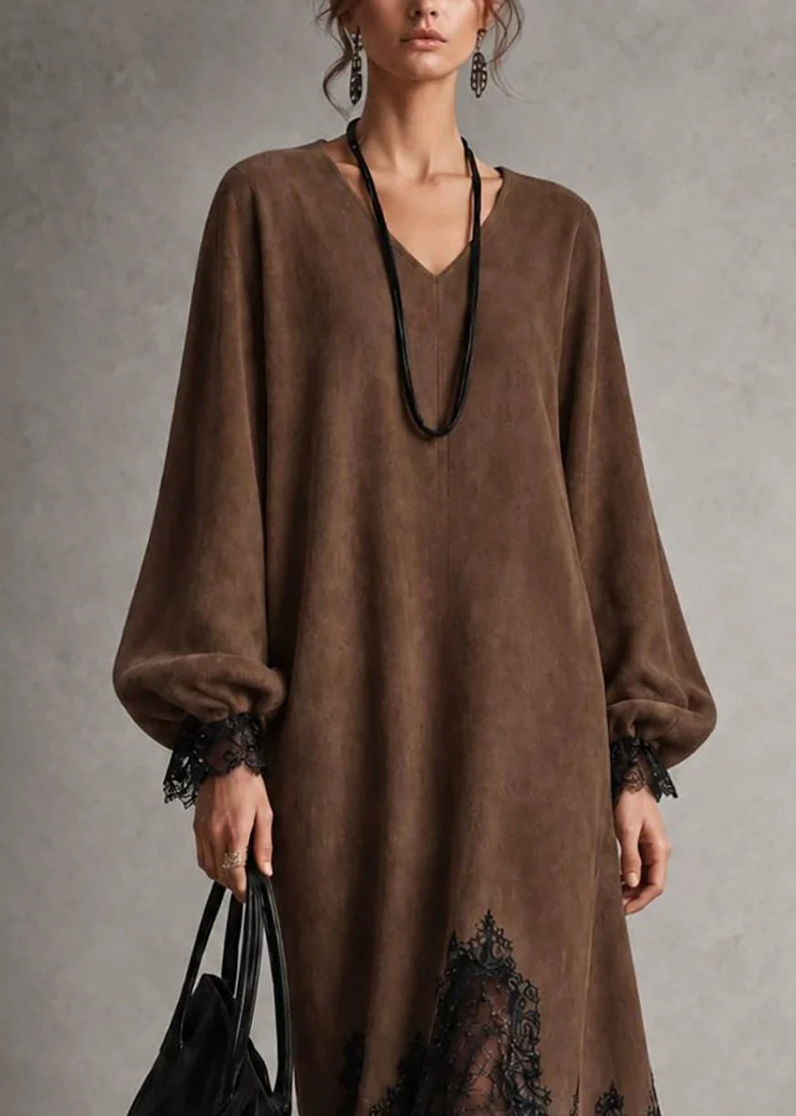 Dames jurk asymmetrisch kant patchwork herfststijl 3