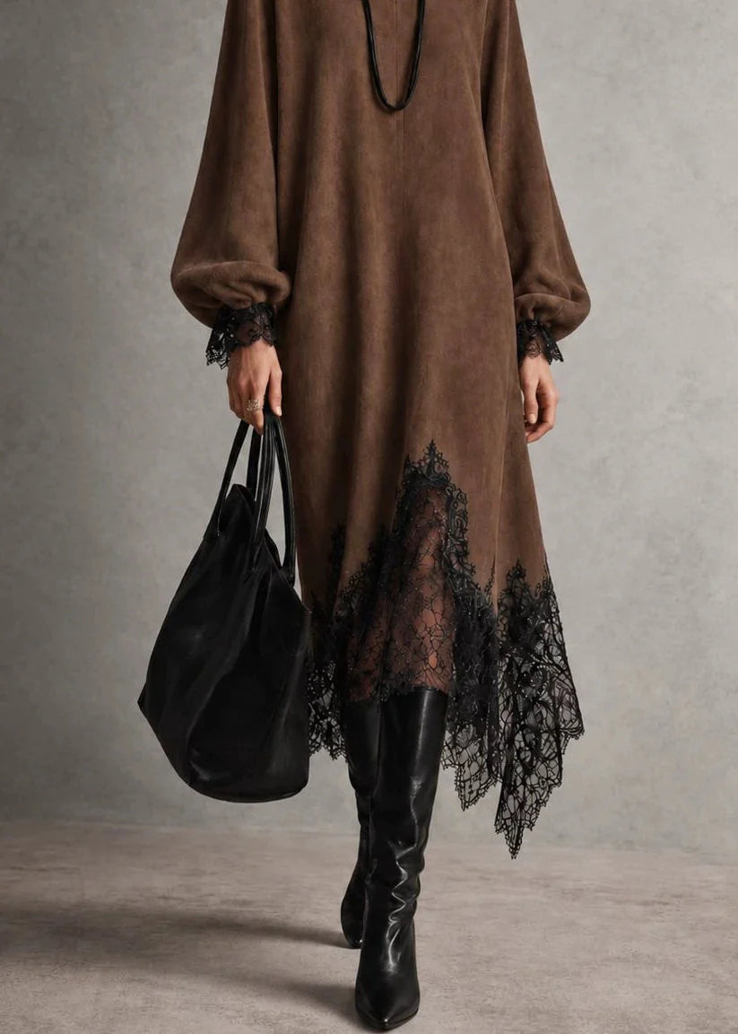 Dames jurk asymmetrisch kant patchwork herfststijl 4