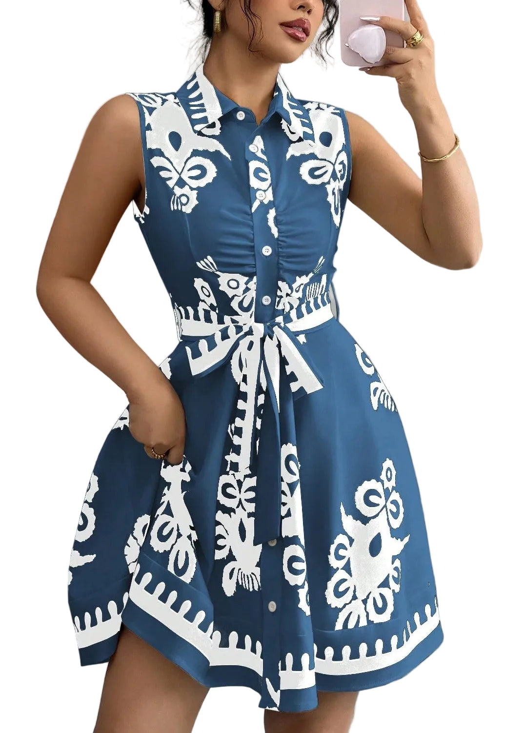 Dames overhemdjurk met boho print en tailleband 0