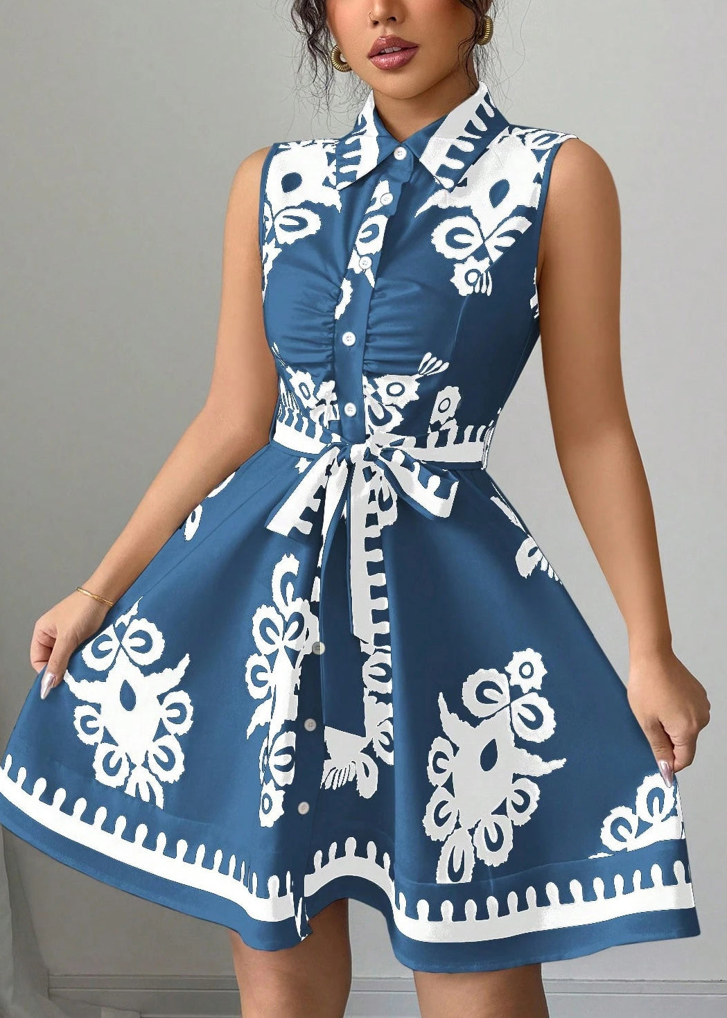Dames overhemdjurk met boho print en tailleband 1