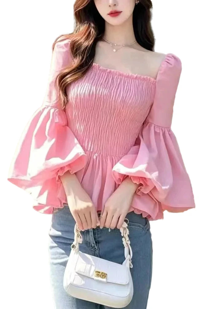 Damesblouse Vierkante Kraag Gerimpeld Model 0