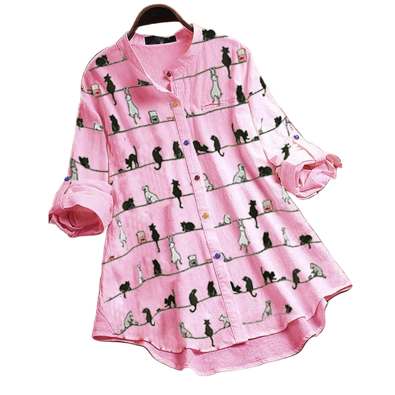 Damesblouse met Kattenmotief en Knoopsluiting 0