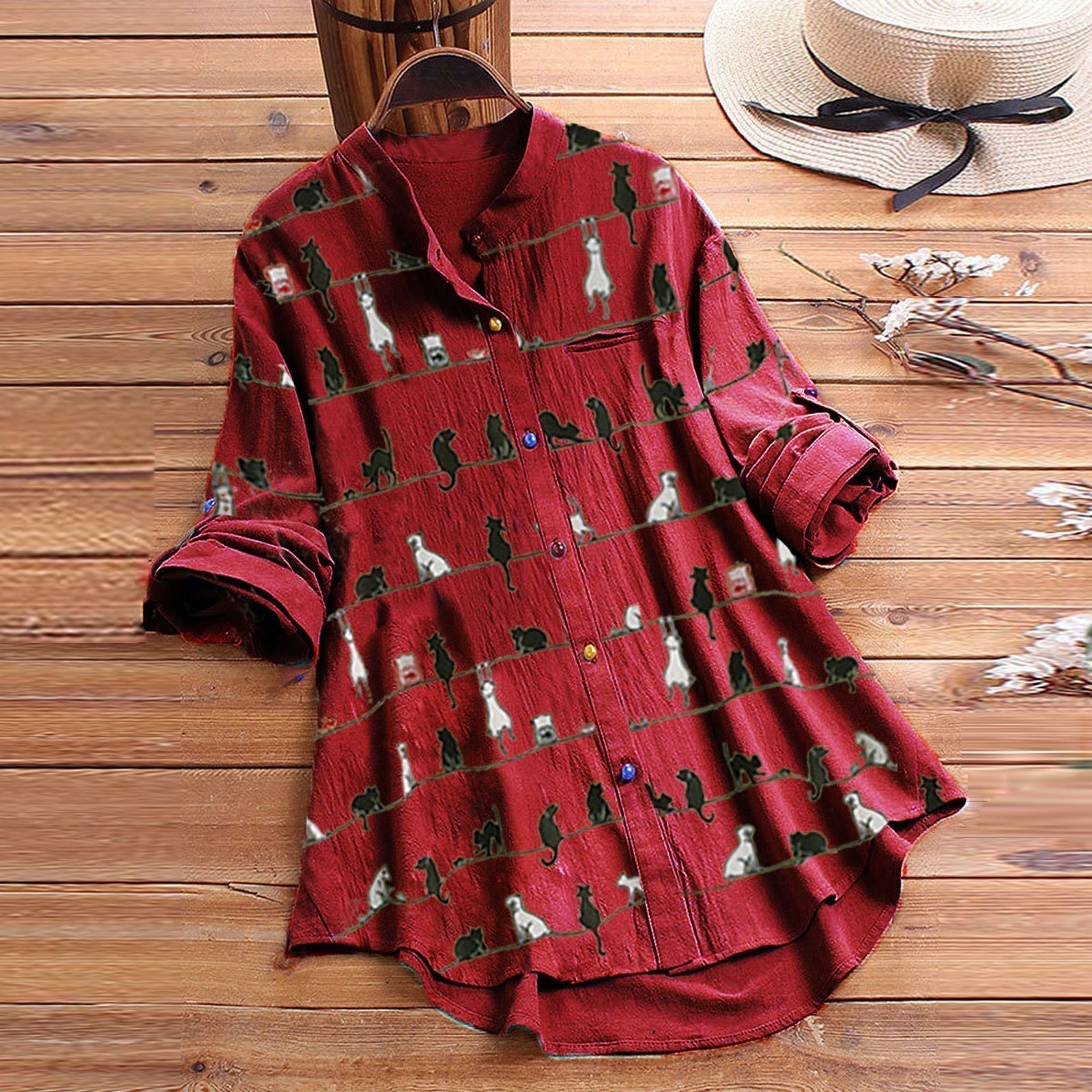 Damesblouse met Kattenmotief en Knoopsluiting 5