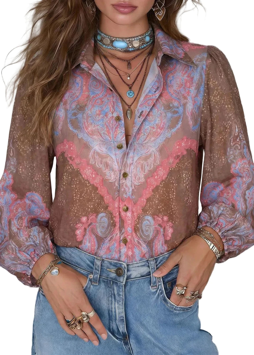 Damesblouse met Peter Pan-kraag en herfstprint 0