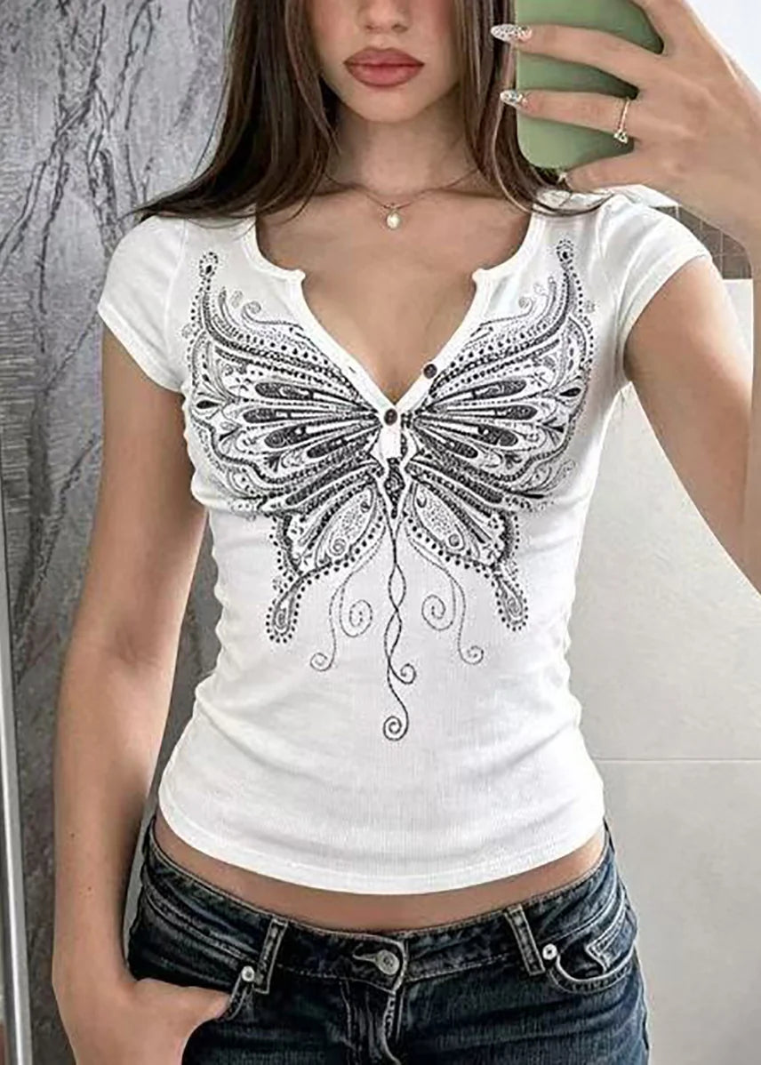 Damesblouse met Vlinderprint en V-hals Korte Mouwen 0
