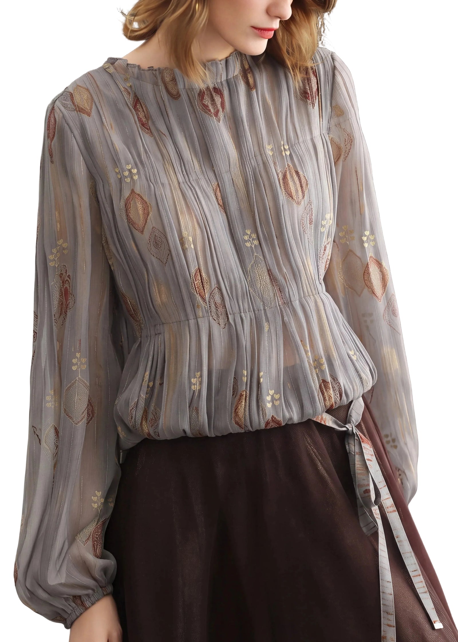 Damesblouse met ronde hals en jacquard plooien 0