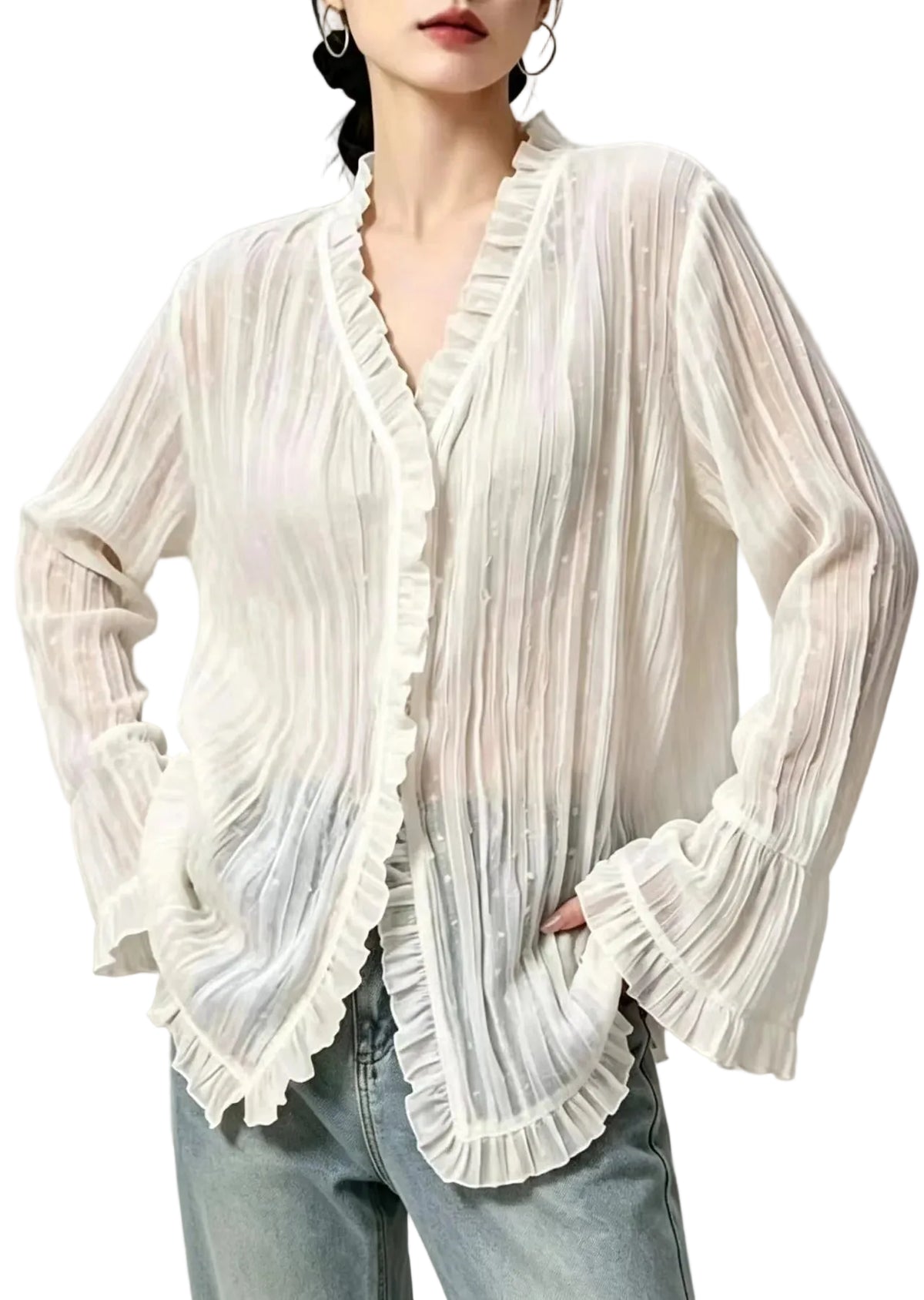 Damesblouse met ruches en uitlopende mouwen 0