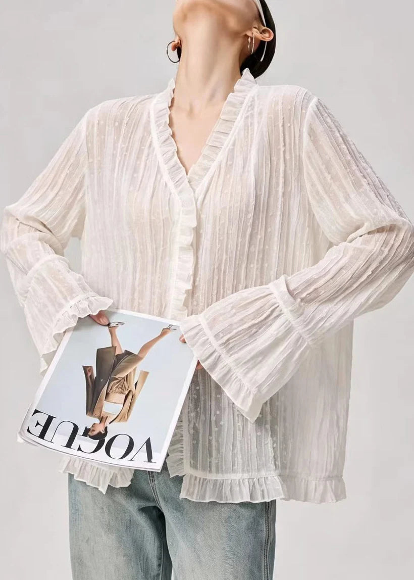 Damesblouse met ruches en uitlopende mouwen 1