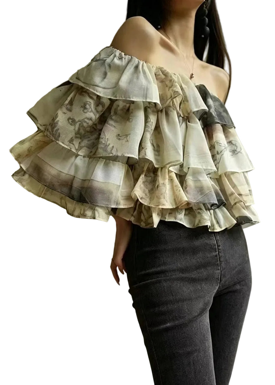 Damesblouse met schuine hals en gelaagde print 0