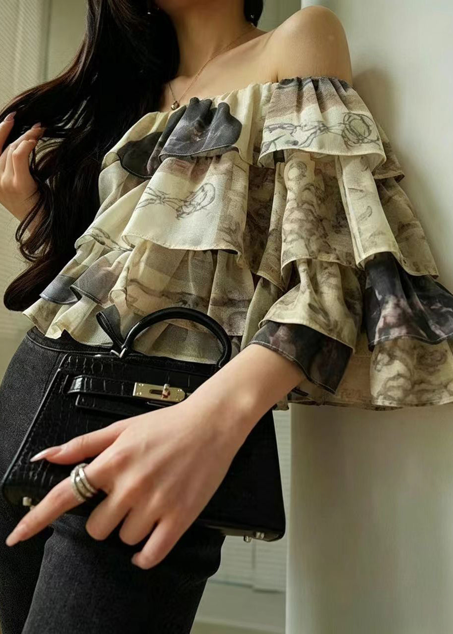 Damesblouse met schuine hals en gelaagde print 3