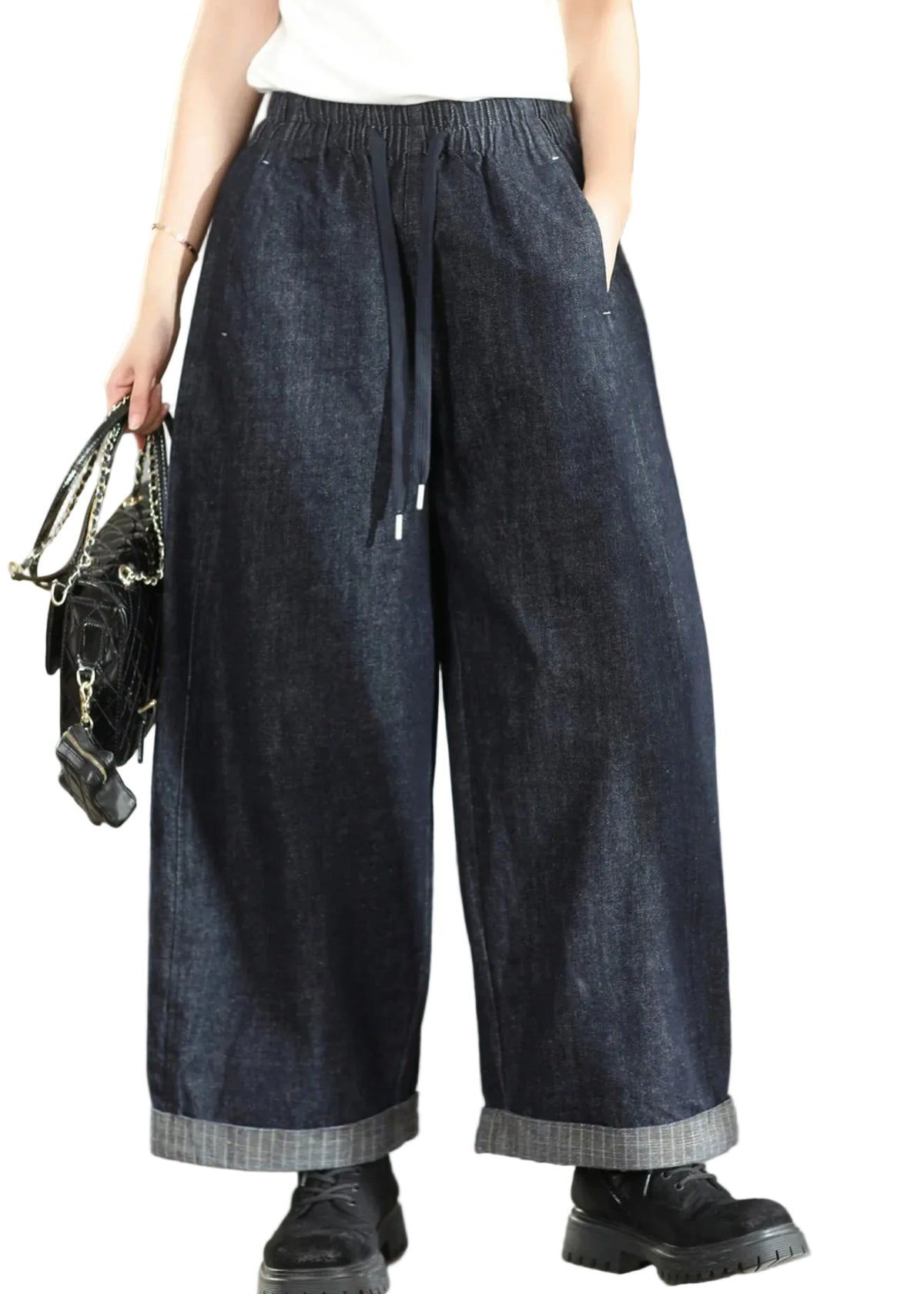 Damesbroek Denim Patchwork Met Elastische Tailleband 0