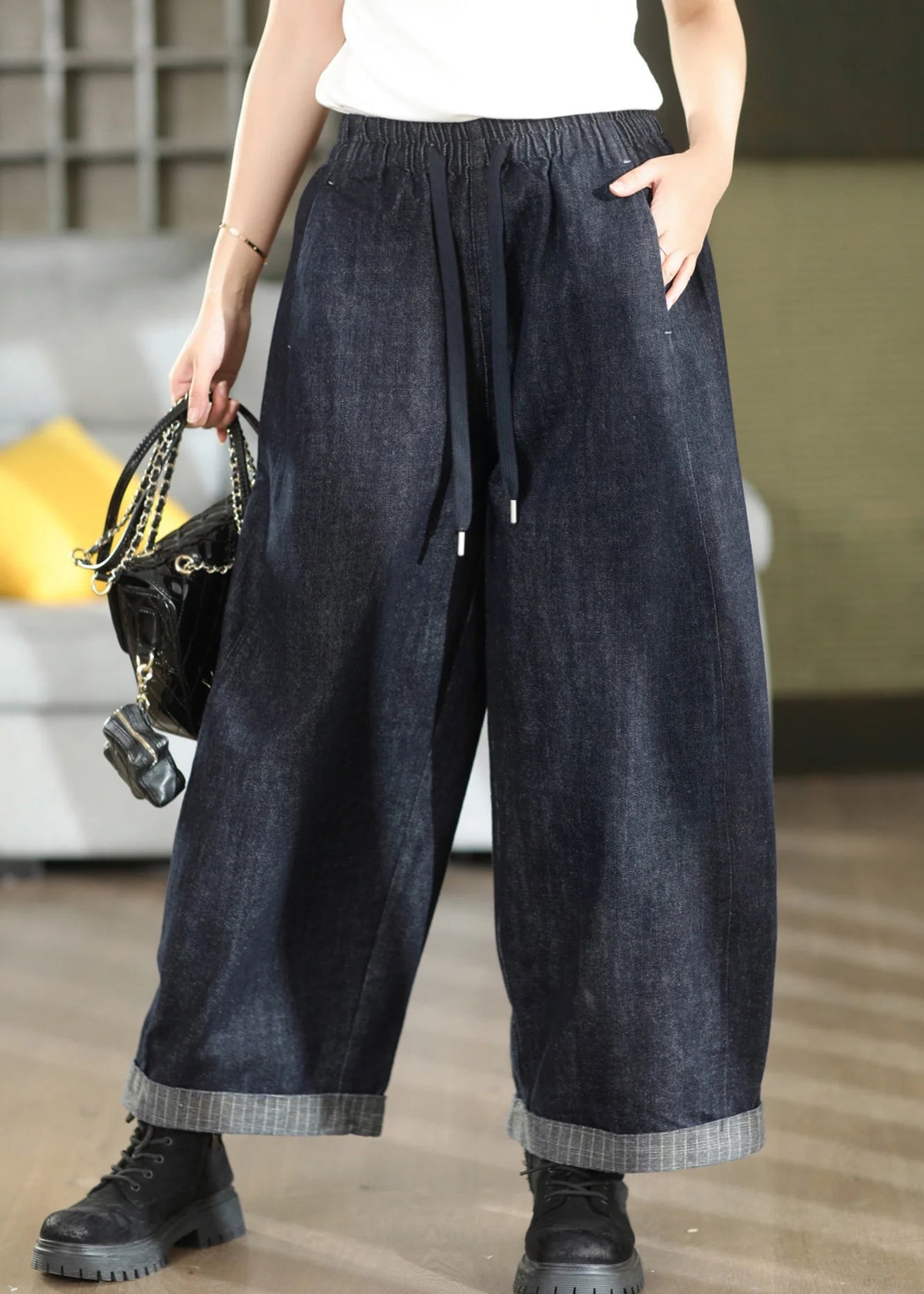 Damesbroek Denim Patchwork Met Elastische Tailleband 2