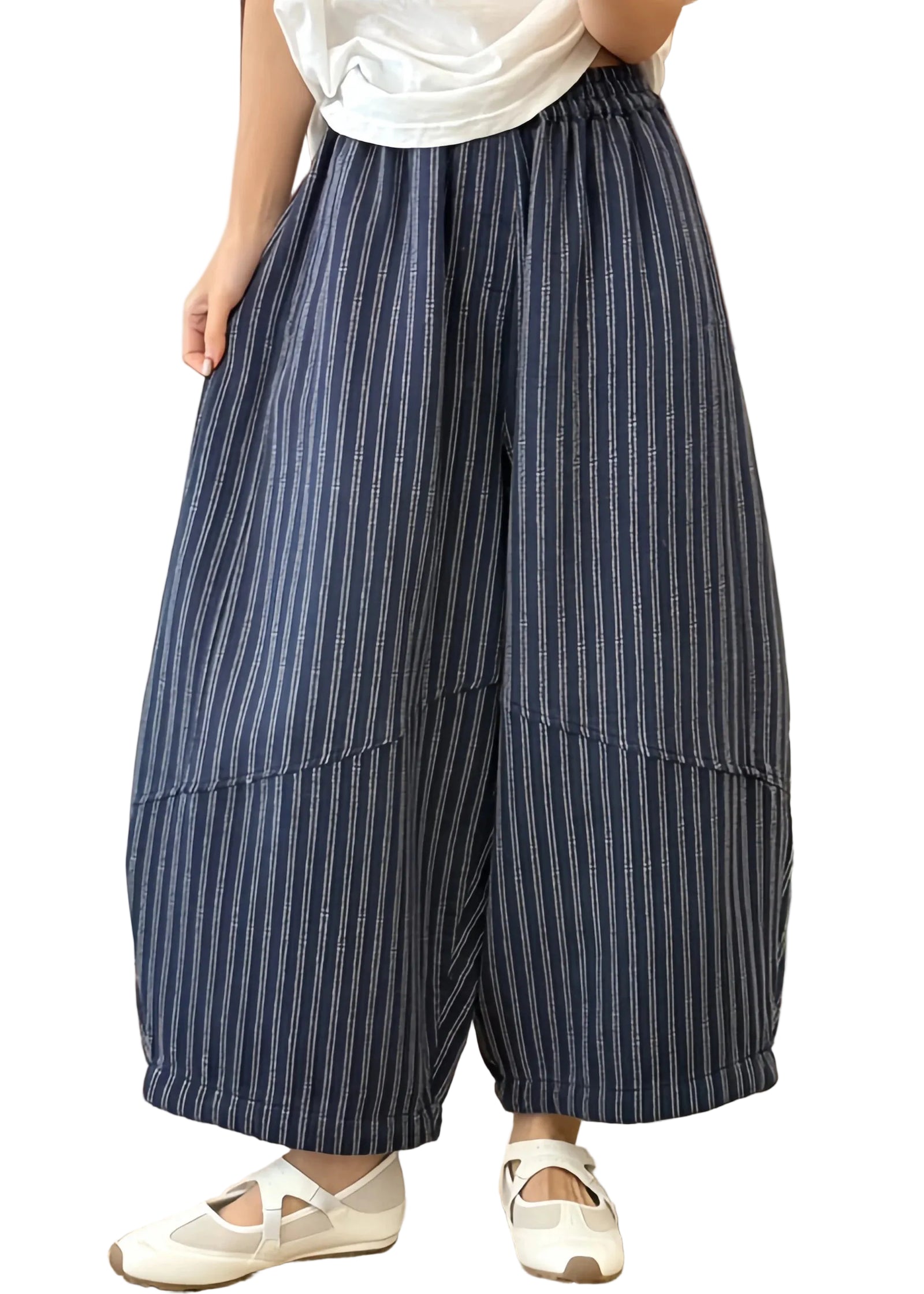 Damesbroek met gestreept patchwork en elastische tailleband 0