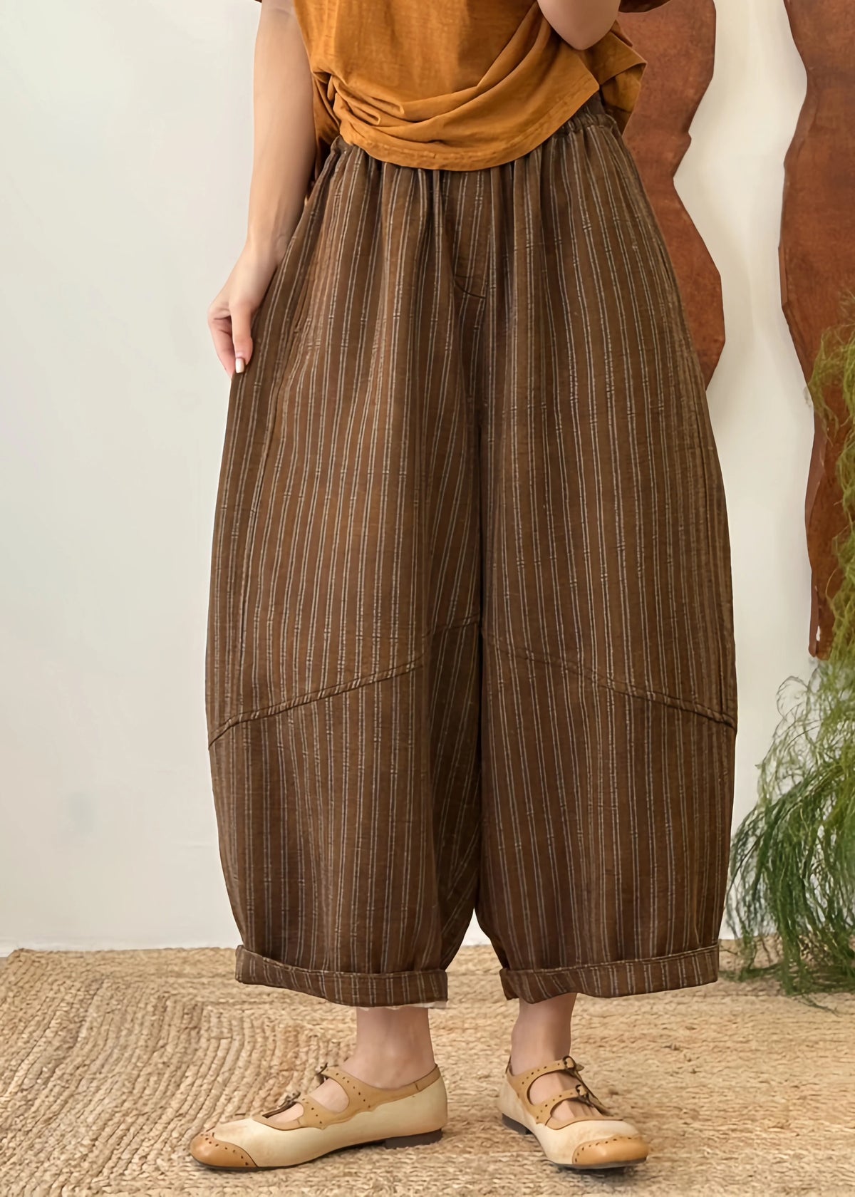 Damesbroek met gestreept patchwork en elastische tailleband 1