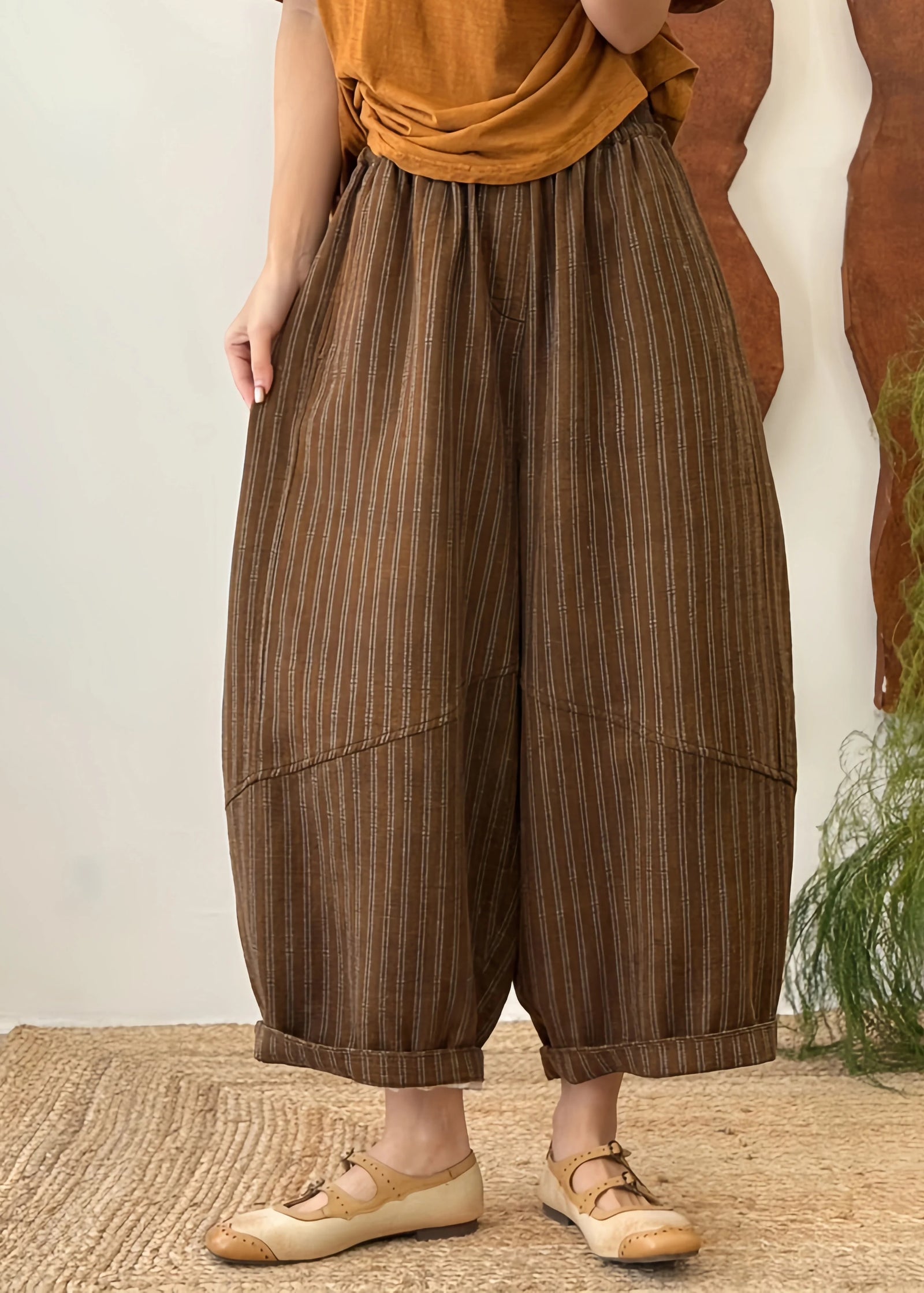 Damesbroek met gestreept patchwork en elastische tailleband 1