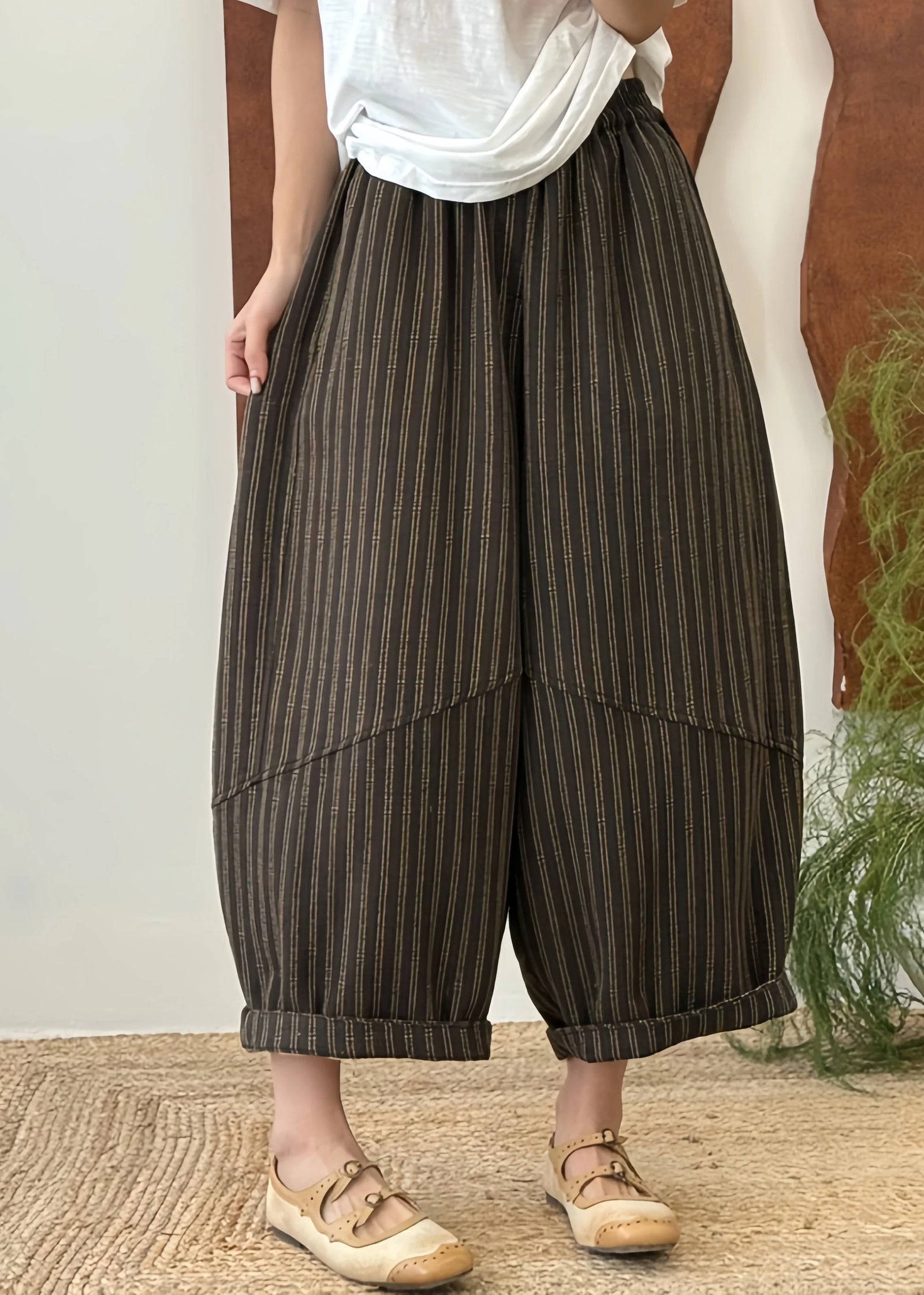 Damesbroek met gestreept patchwork en elastische tailleband 2