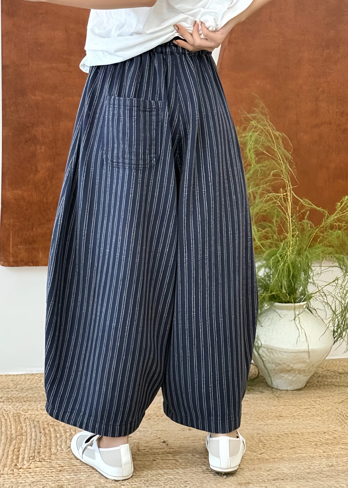 Damesbroek met gestreept patchwork en elastische tailleband 3