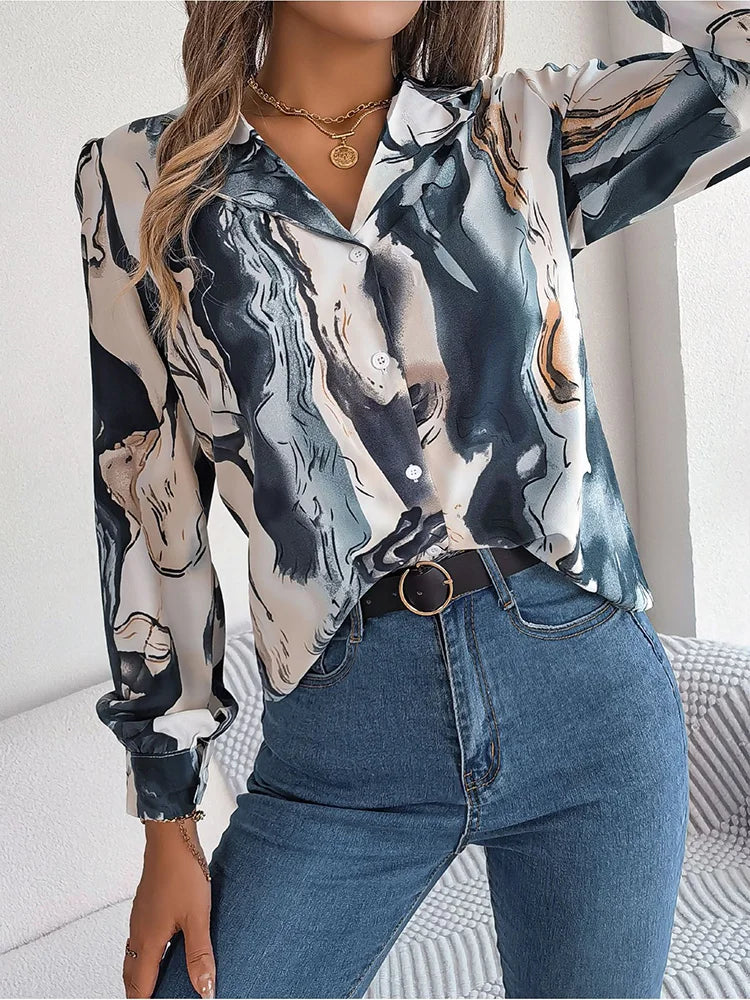 Dames Shirt Marmeren Ontwerp Casual Katoen-4