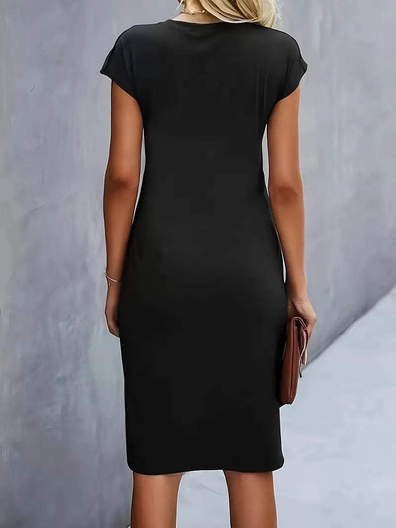 Zwarte Midi Jurk Dames Cirkelvormige Halslijn Lichtgewicht Elegante Stijl-2