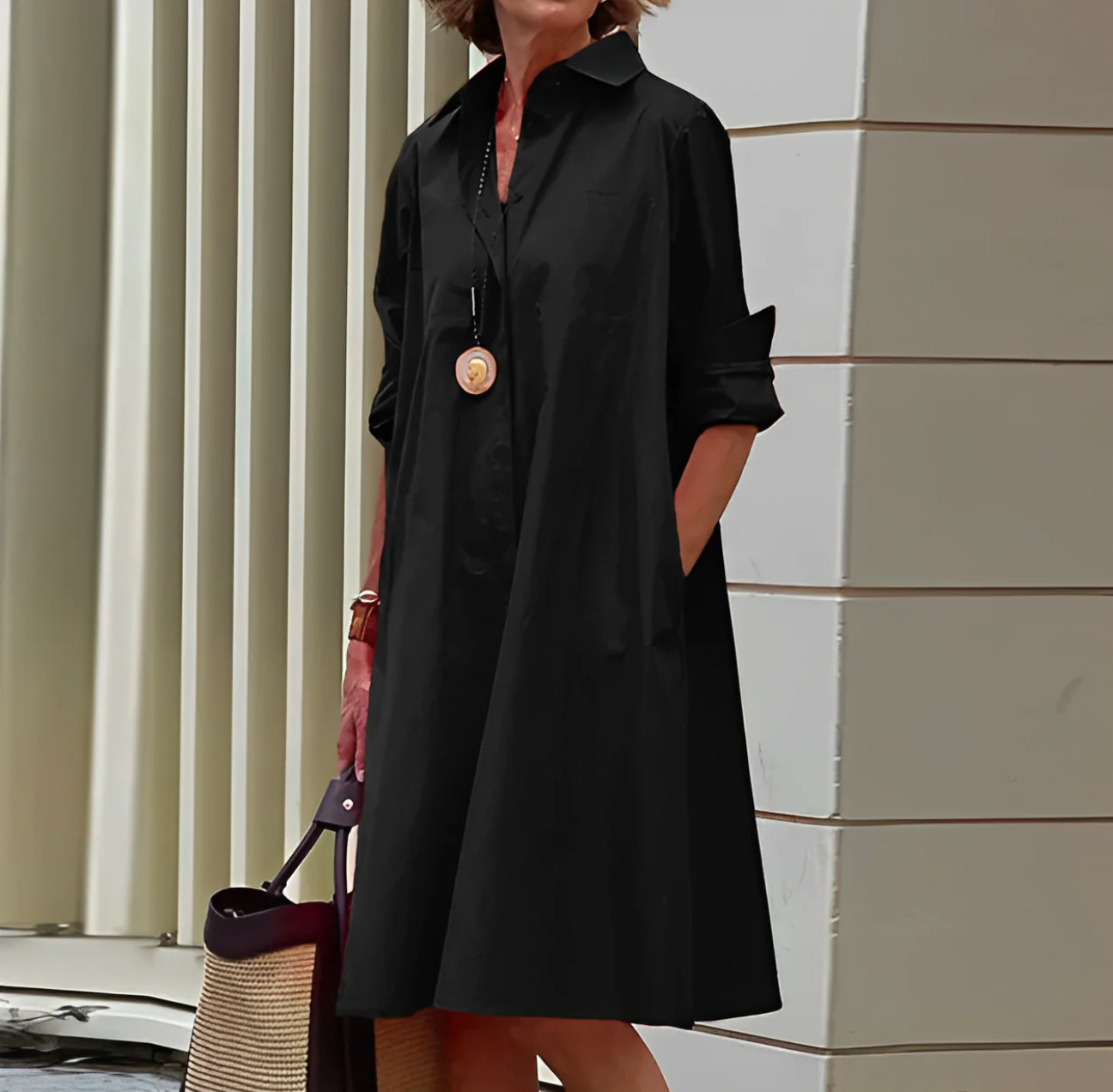 Dames Zwarte Midi Jurk Lange Mouwen Luchtig Materiaal Elegant Design-1
