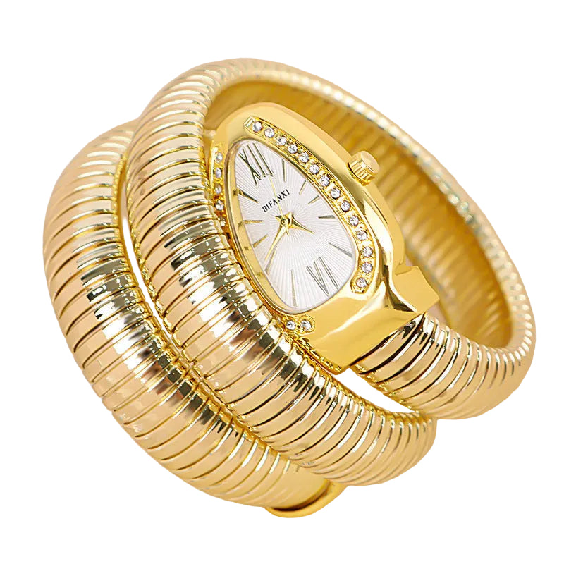 Gouden Horloge Dames Met Uniek Slangenband Ontwerp en Romeinse Cijfers 0