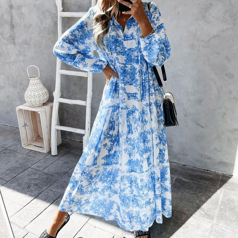 Dames Maxi Jurk Lange Mouwen V-Hals Katoen Ruffle Details-1
