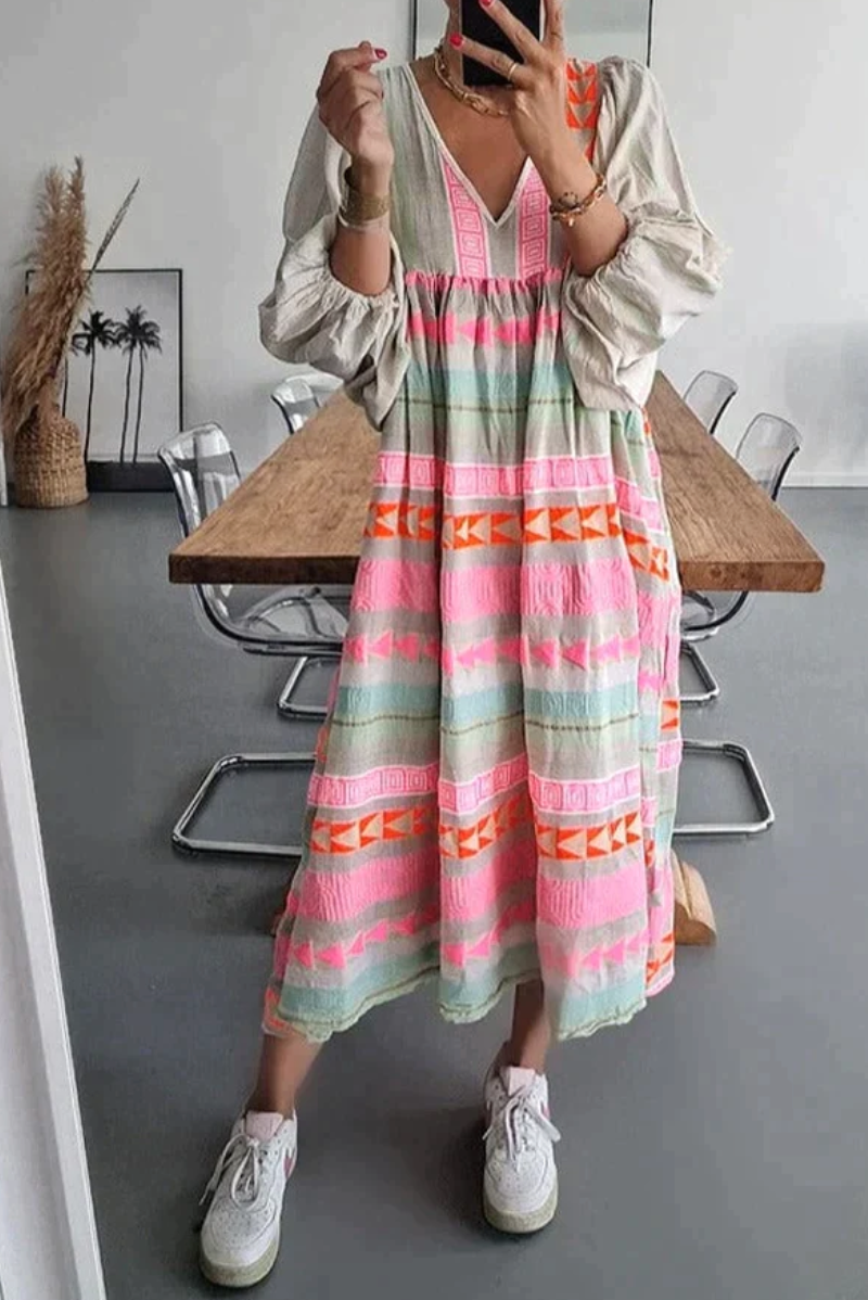 Dames Lange Zomerjurk Kleurrijk Ademend Stof Elegante Stijl-1