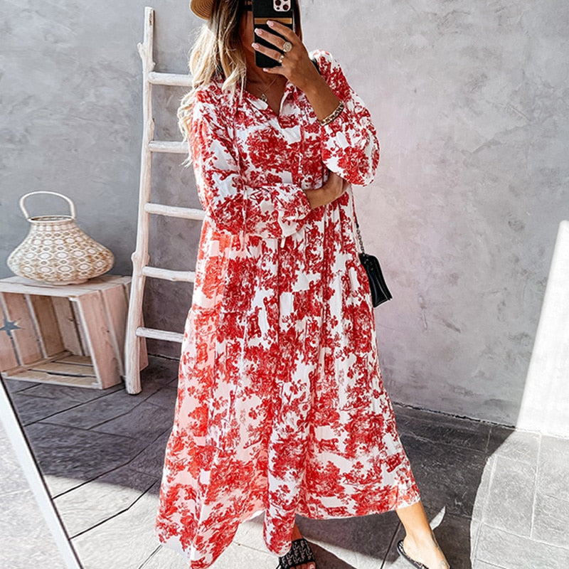 Variant image for Dames Maxi Jurk Lange Mouwen V-Hals Katoen Ruffle Details-19