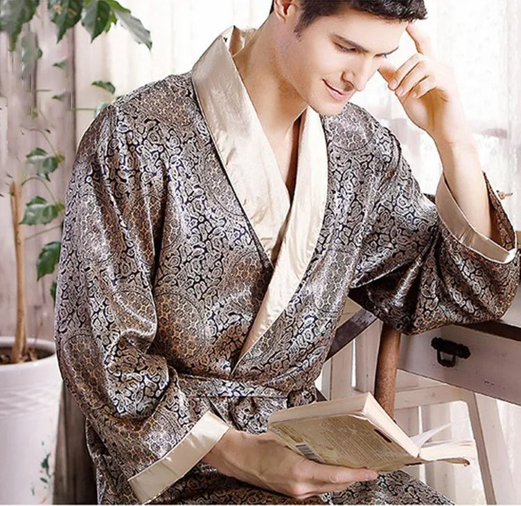 Heren Badjas Luxe Satijn Met Gouden Print 1