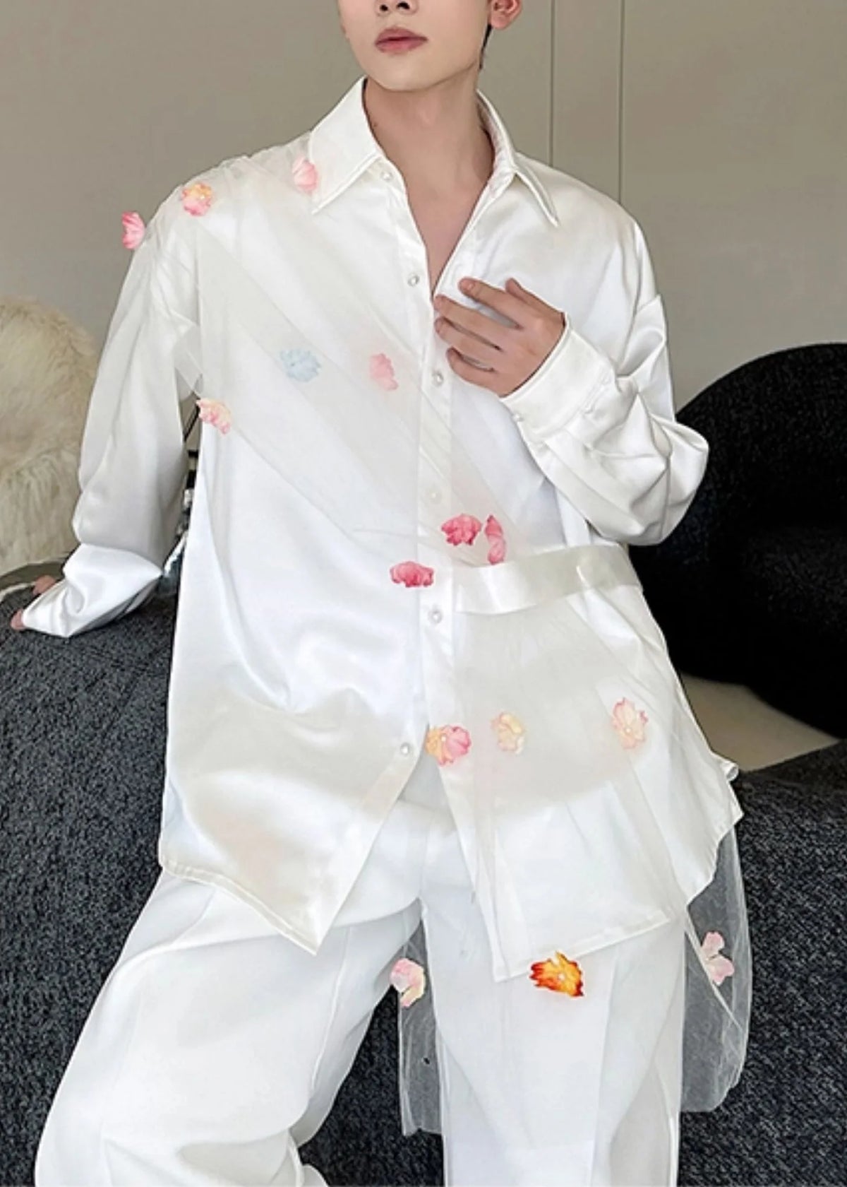 Heren Casual Oversized Patchwork Shirt Met Bloemenprint 1