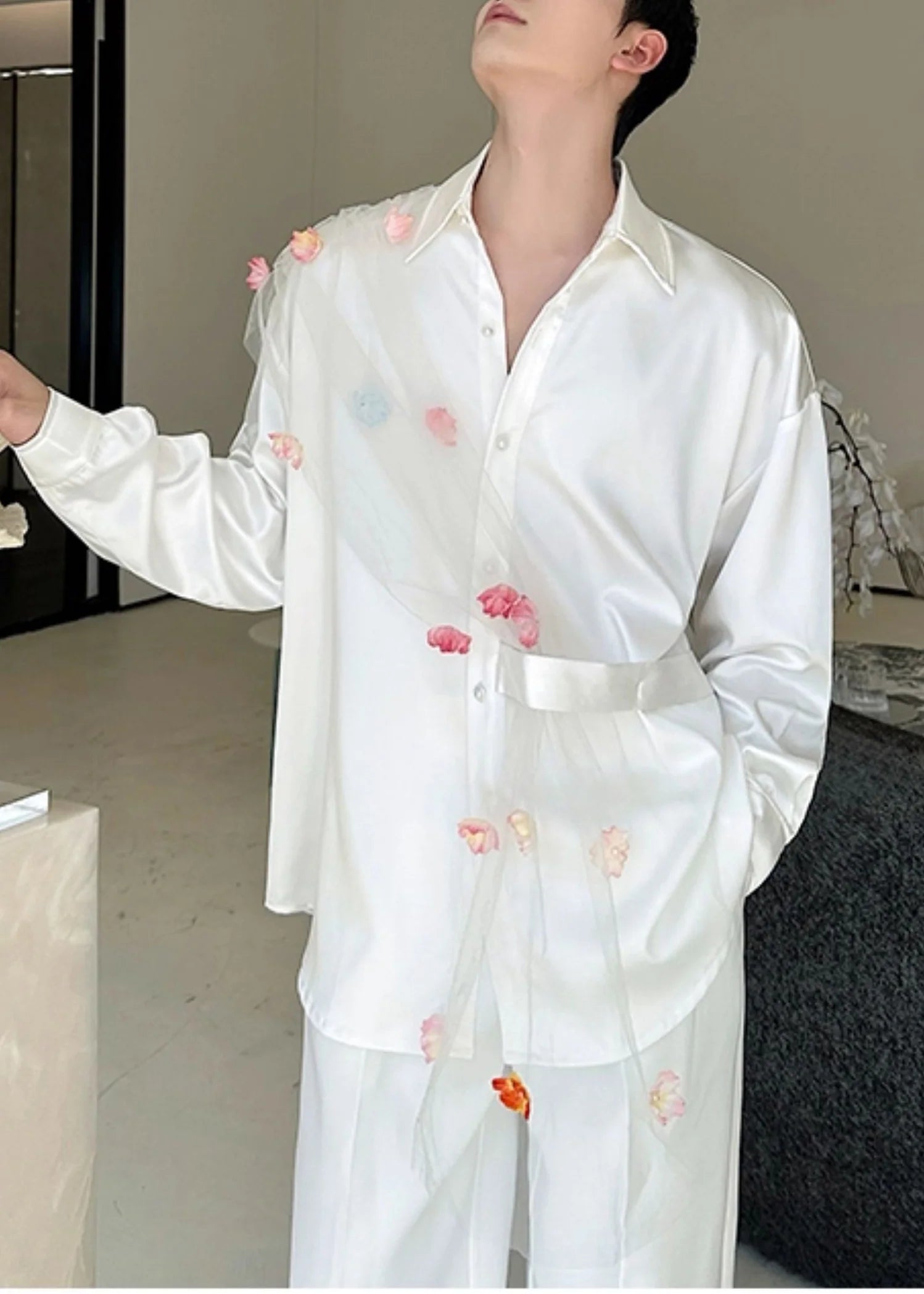Heren Casual Oversized Patchwork Shirt Met Bloemenprint 2