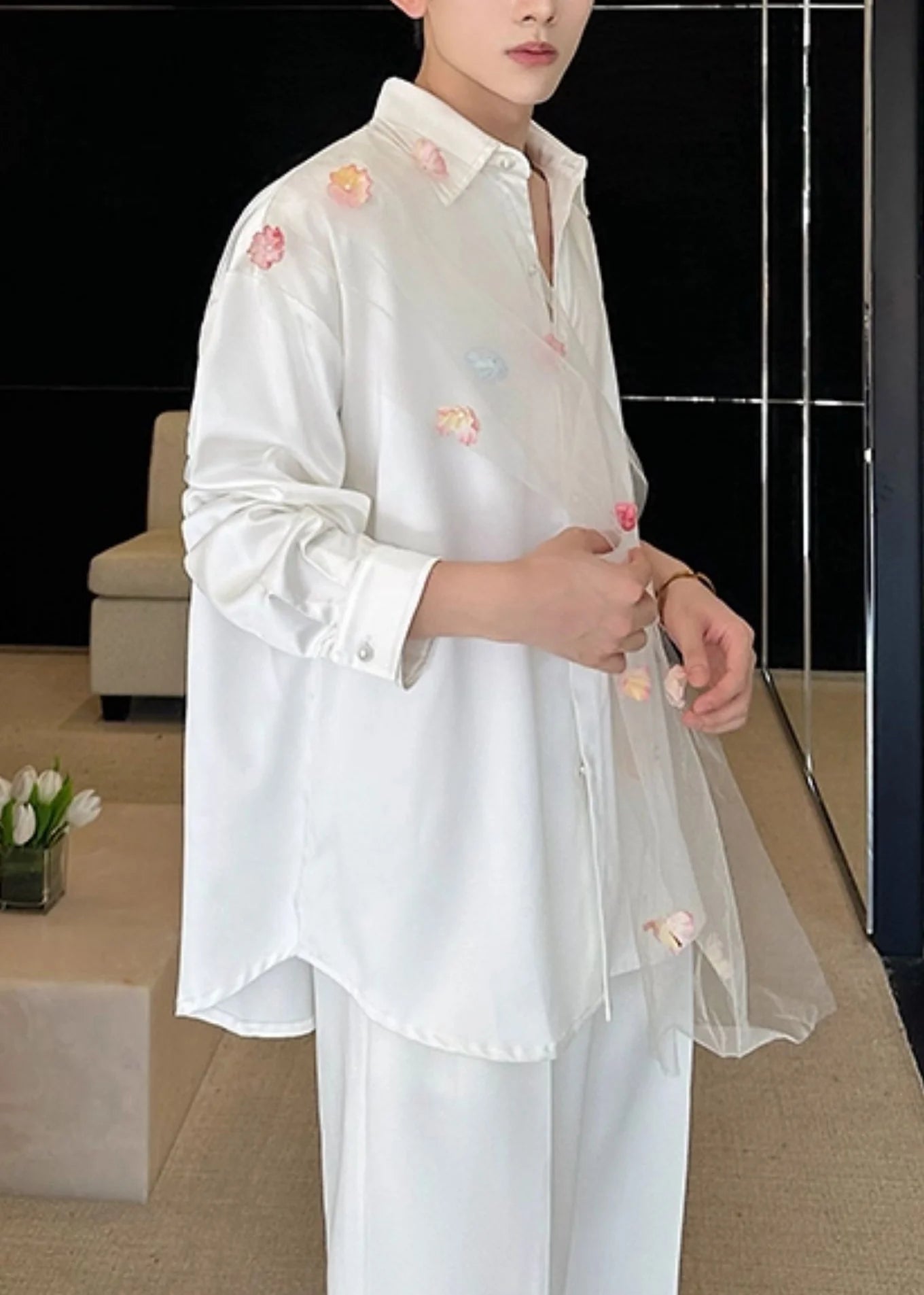 Heren Casual Oversized Patchwork Shirt Met Bloemenprint 3