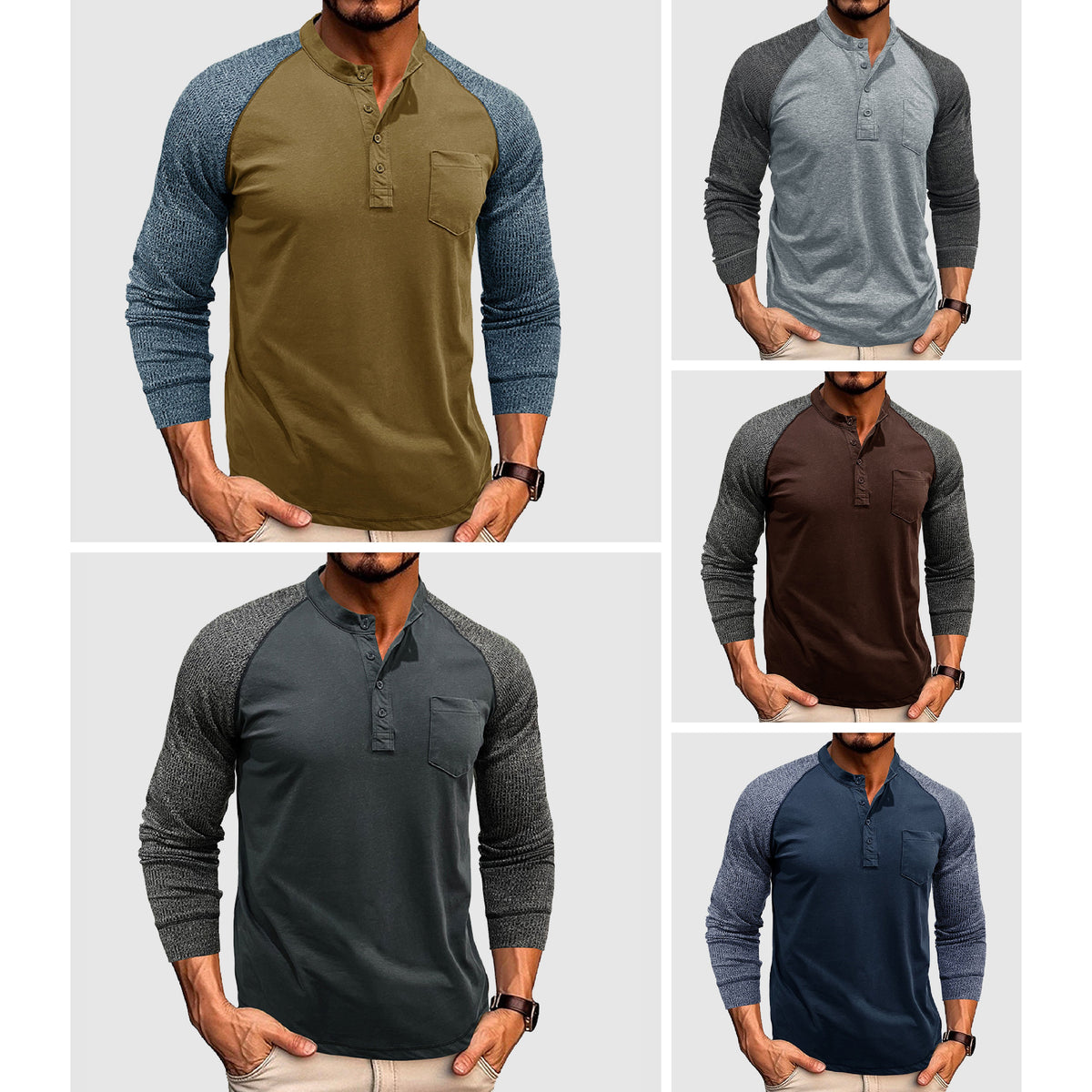 Heren Henley-shirt Tweekleurig Stijlvol 6