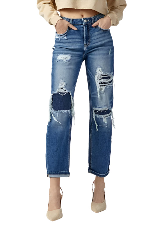 Heren Hoge Taille Straight Jeans Donker 0