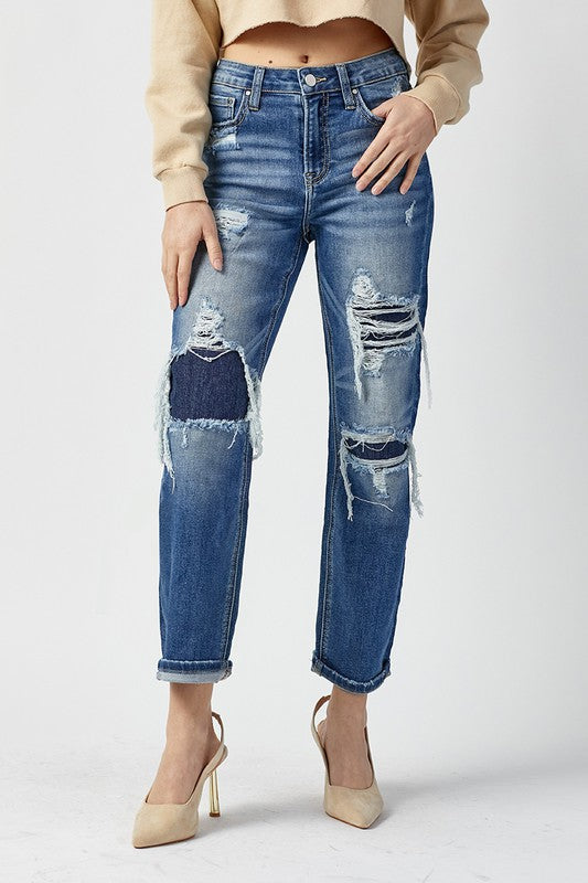 Heren Hoge Taille Straight Jeans Donker 1