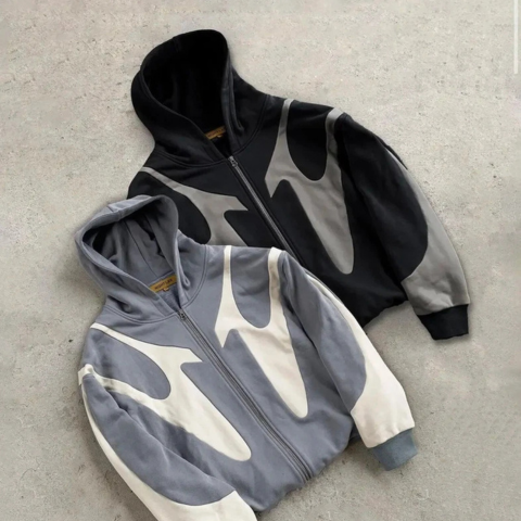 Heren Hoodie Met Ritssluiting en Patchwork Design 1