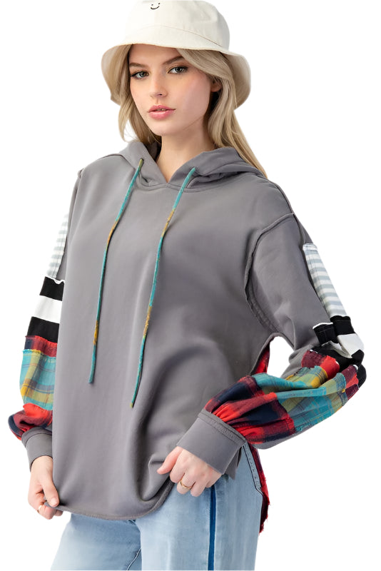 Heren Hoodie Terry Knit Mix Ruit Grijs 0