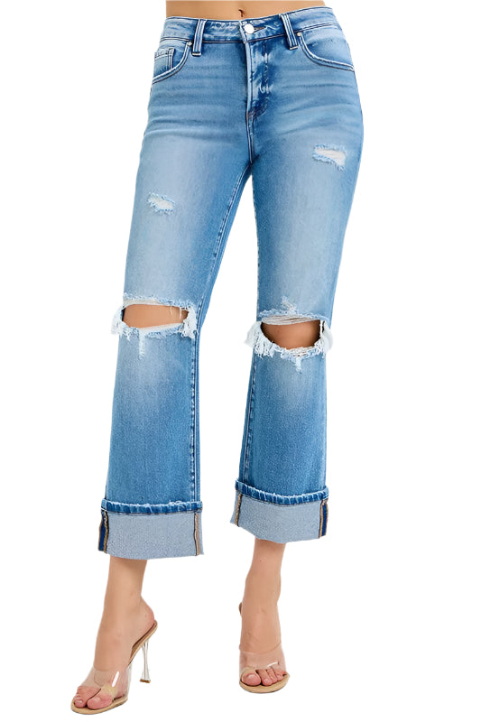 Heren Mid Rise Straight Cuffed Jeans Denim 0