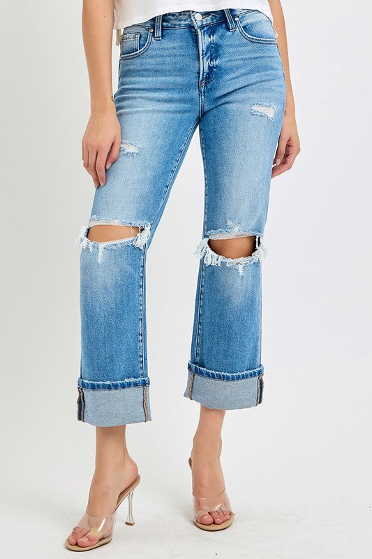 Heren Mid Rise Straight Cuffed Jeans Denim 1