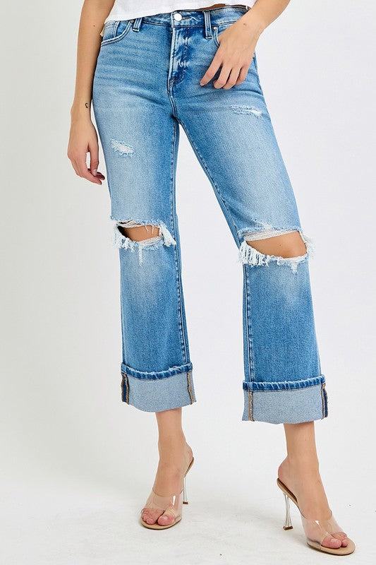 Heren Mid Rise Straight Cuffed Jeans Denim 2